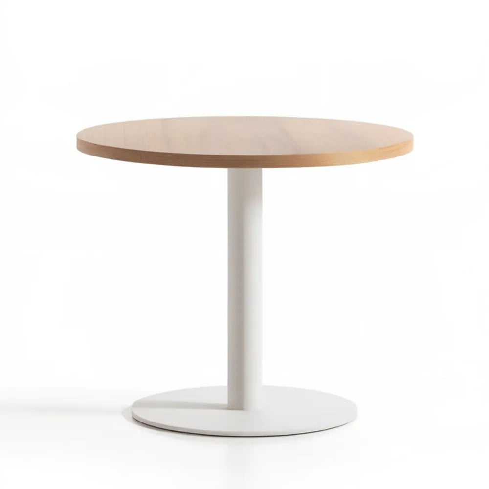 Okrągły stół z blatem MDF w kolorze jasnego dębu i białą stalową podstawą, Ø 100 × 75 cm